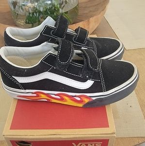 Vans Old Skool V Black Canvas and Suede Flame Sneakers Kids velcro size US 3